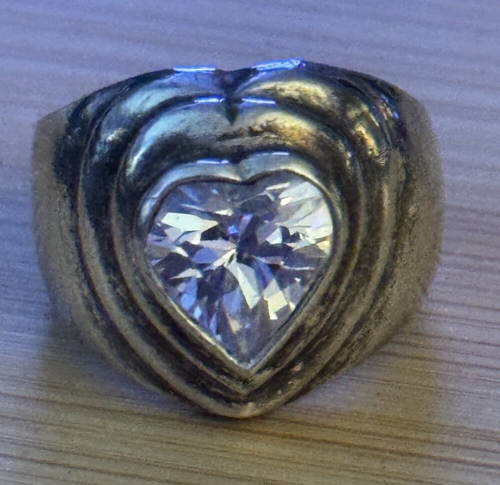 Vintage 925 Sterling Silver Heart CZ Cocktail Ring Size 7.5 Chunky 8g